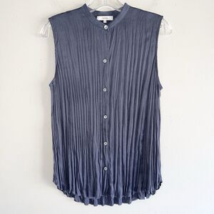 Vince Blue Pleated Satin Top Size S High Neck Sleeveless Timeless Lightweight